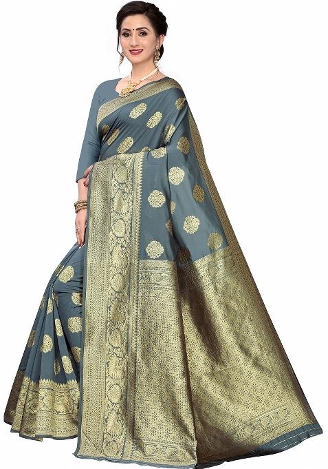 Grey Motif Silk Saree Set