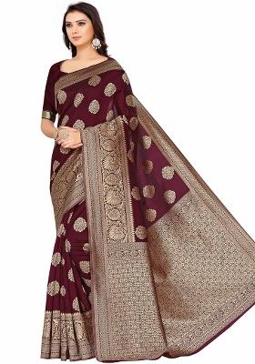 Maroon Motif Silk Saree Set