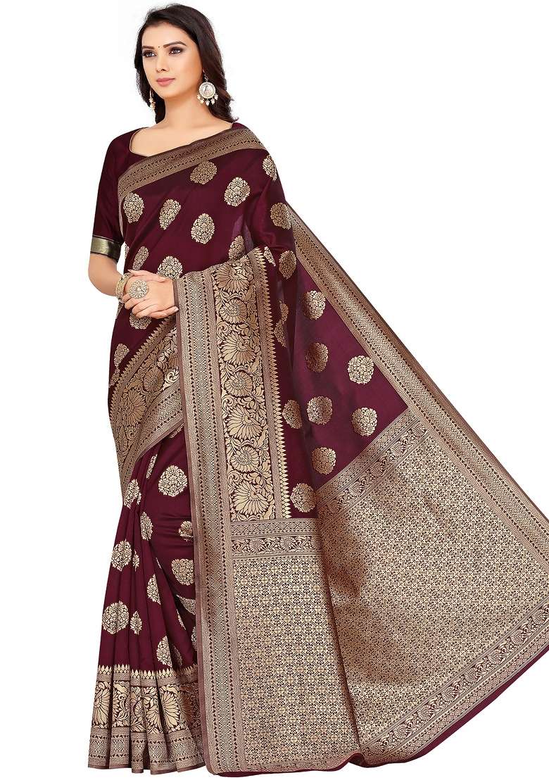 Maroon Motif Silk Blend Saree Set - Indya