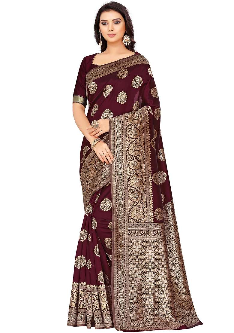 Maroon Motif Silk Blend Saree Set - Indya
