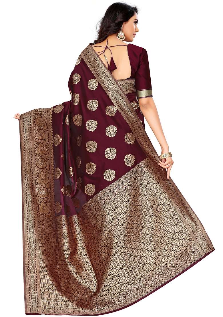 Maroon Motif Silk Blend Saree Set - Indya