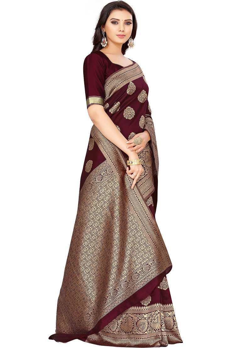 Maroon Motif Silk Blend Saree Set - Indya