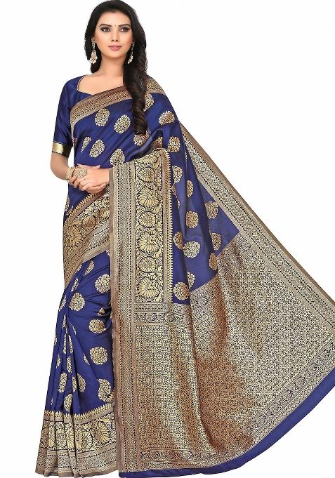 Navy Blue Motif Silk Saree Set