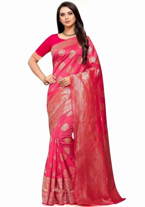 Pink Motif Silk Saree Set