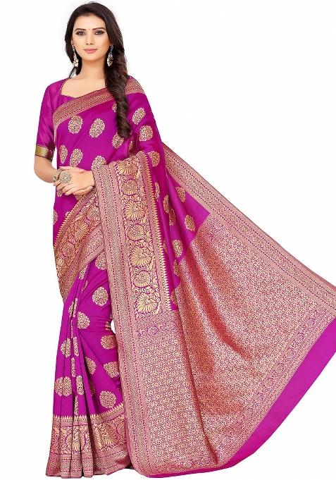 Rani Pink Motif Silk Saree Set