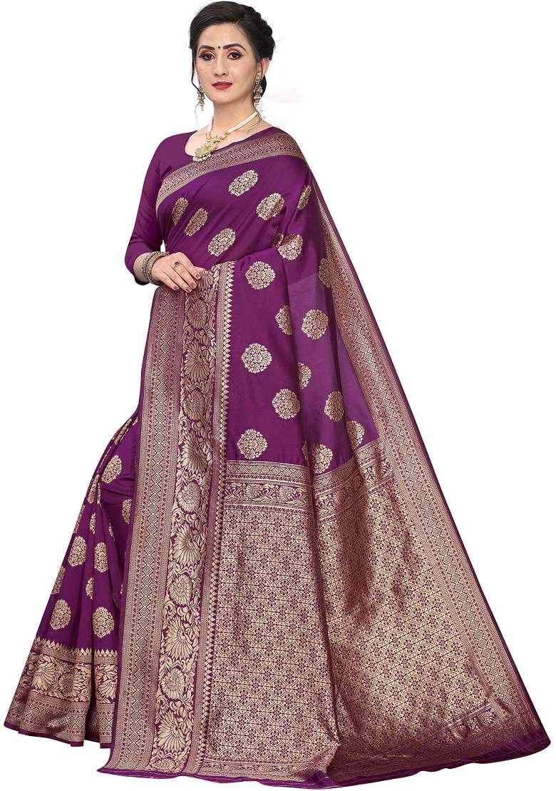 Purple Motif Silk Blend Saree Set - Indya