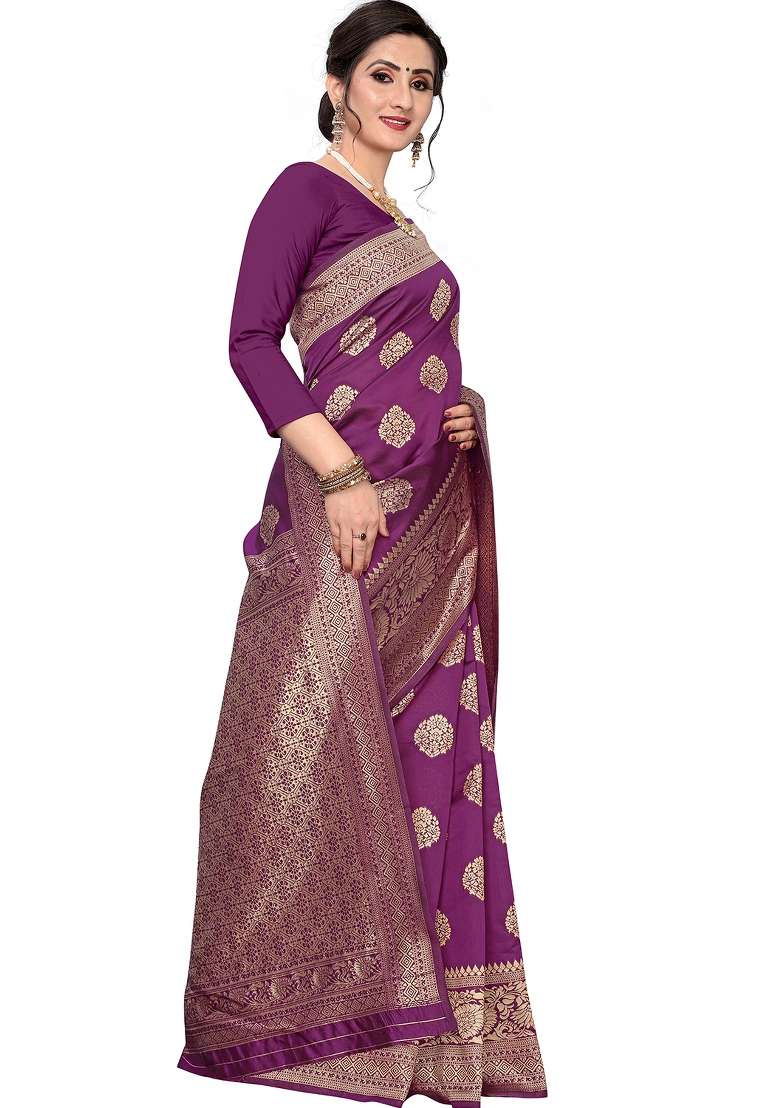 Purple Motif Silk Blend Saree Set - Indya