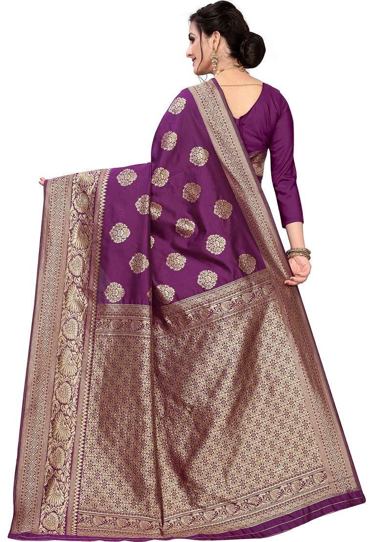 Purple Motif Silk Blend Saree Set - Indya