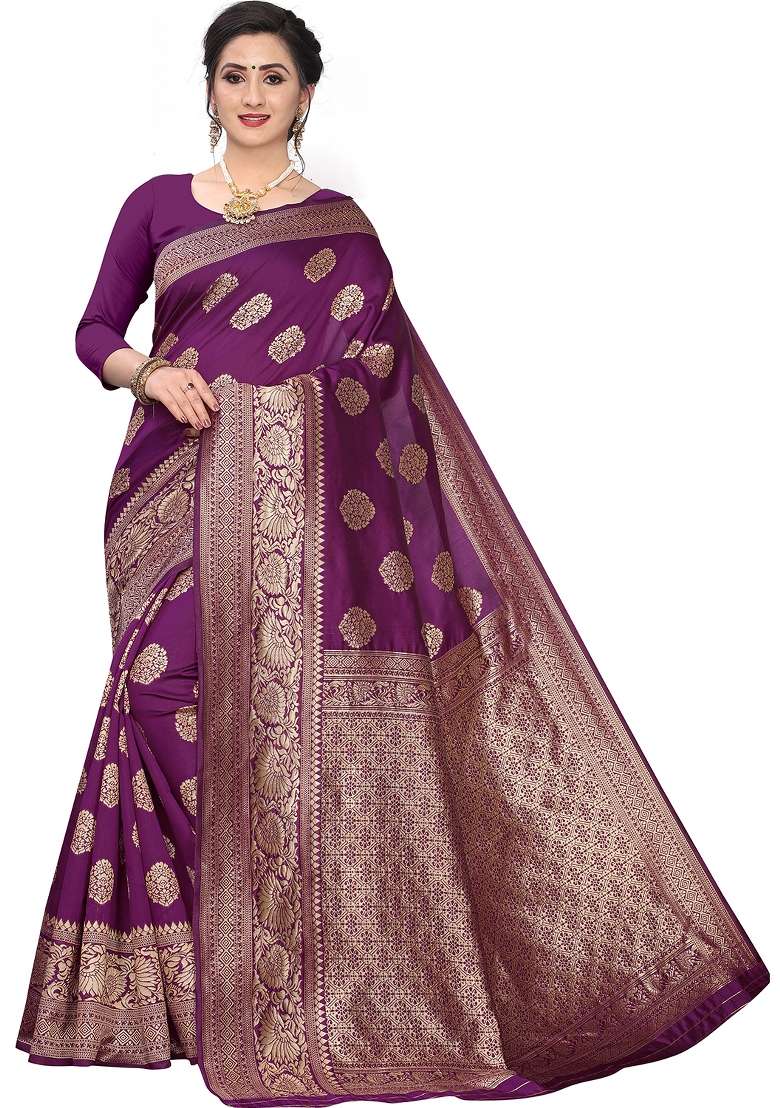 Purple Motif Silk Blend Saree Set - Indya