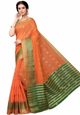 Orange Motif Cotton Saree Set