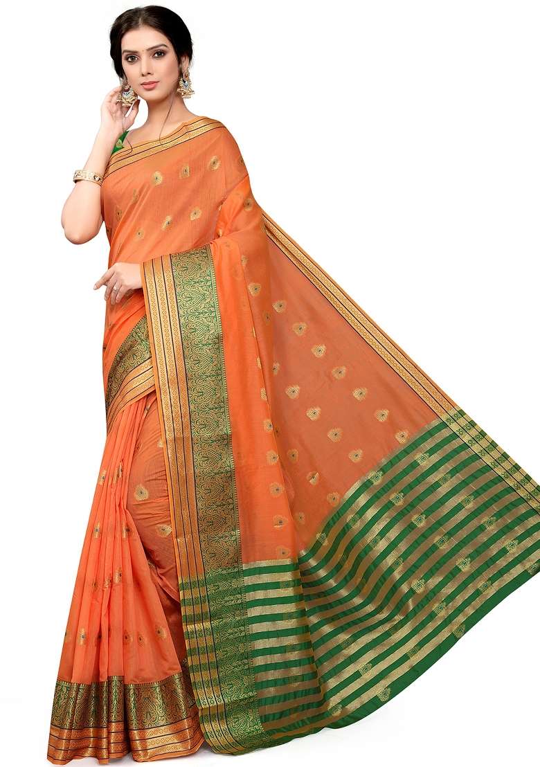 Orange Motif Cotton Saree Set - Indya
