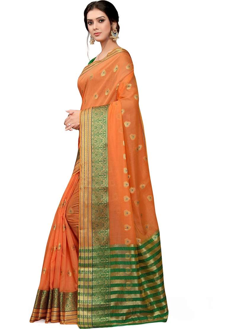Orange Motif Cotton Saree Set - Indya