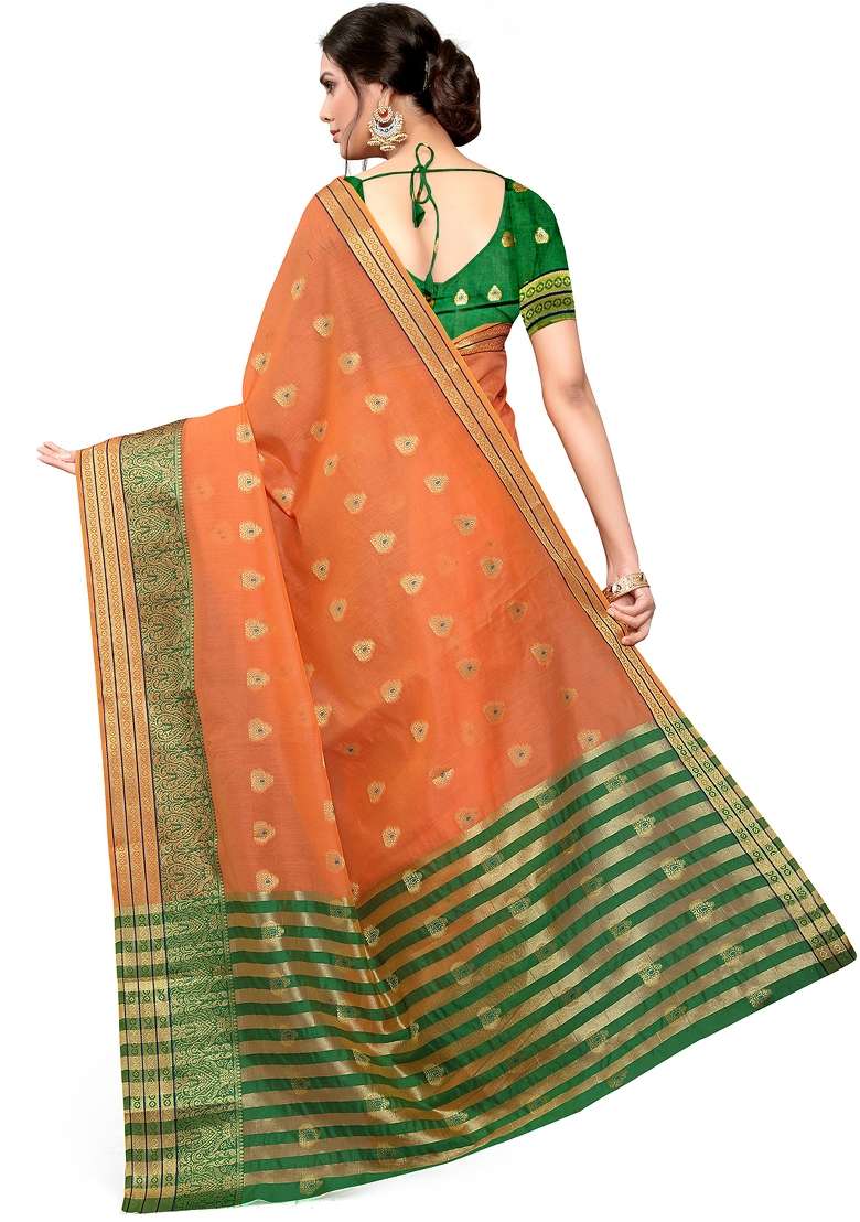 Orange Motif Cotton Saree Set - Indya