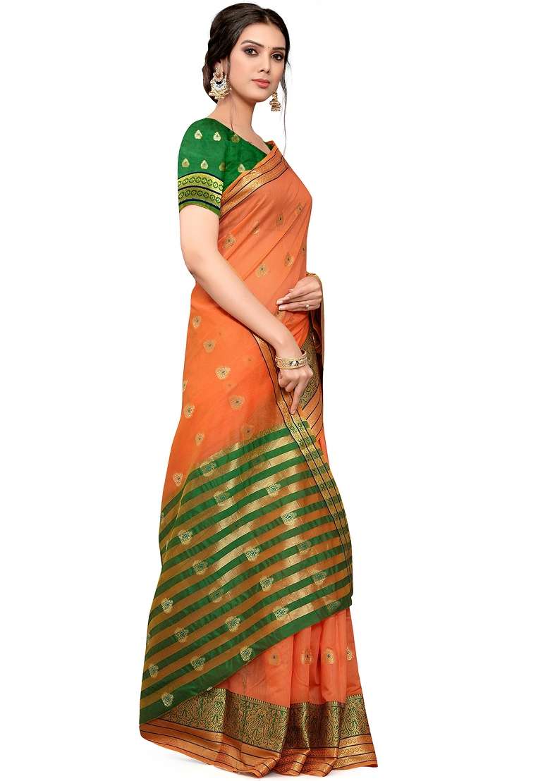 Orange Motif Cotton Saree Set - Indya