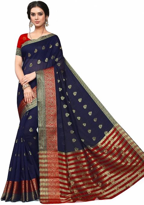 Navy Blue Motif Cotton Saree Set