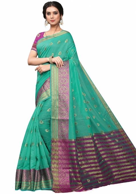 Ocean Green Motif Cotton Saree Set