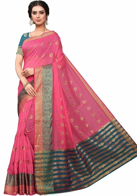 Pink Motif Cotton Saree Set
