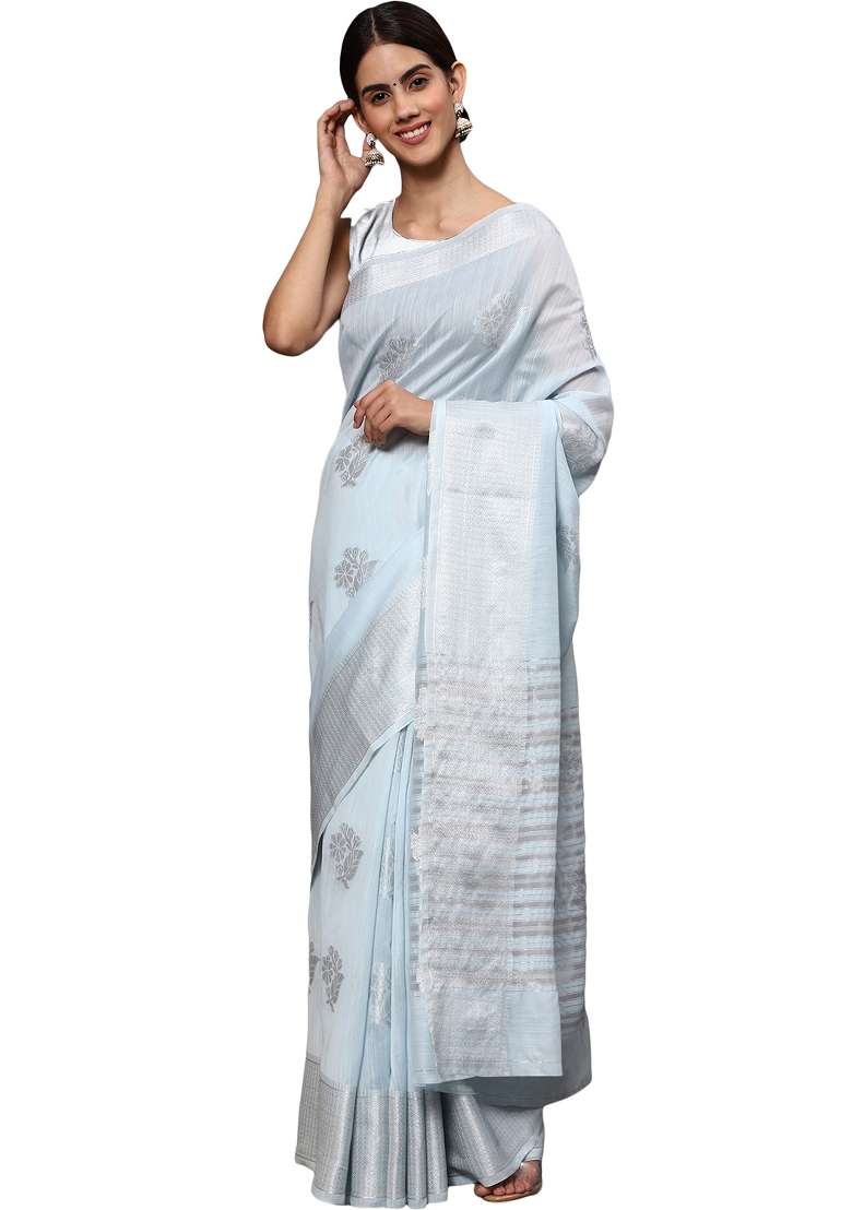 Light Blue Motif Silk Blend Saree Set - Indya