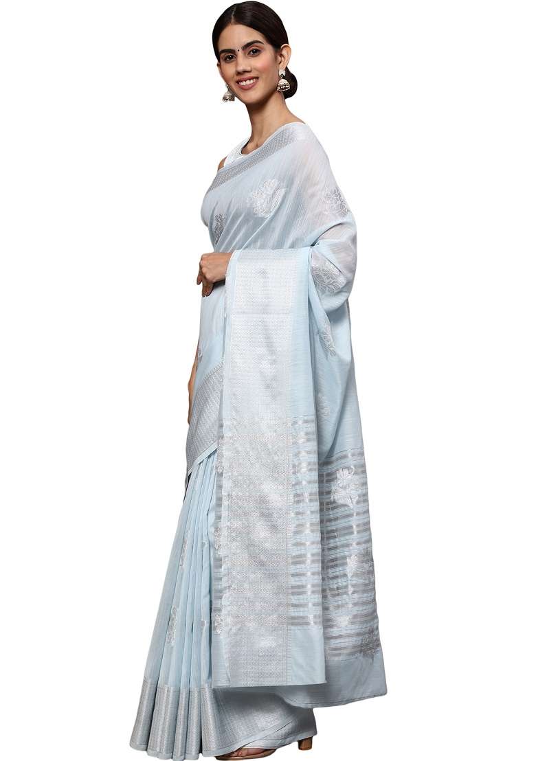 Light Blue Motif Silk Blend Saree Set - Indya