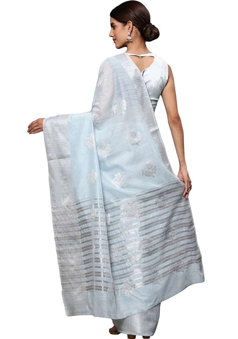 Light Blue Motif Silk Blend Saree Set - Indya