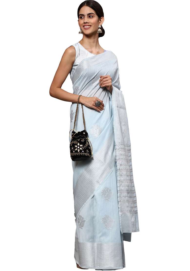 Light Blue Motif Silk Blend Saree Set - Indya