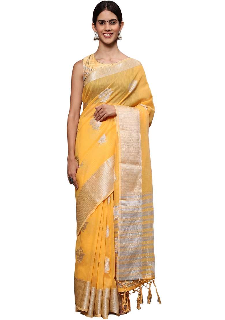 Mango Yellow Motif Silk Blend Saree Set - Indya
