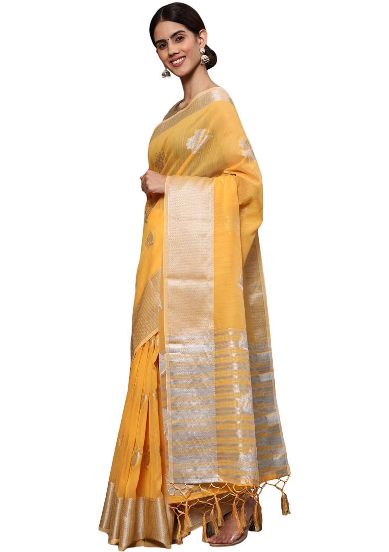 Mango Yellow Motif Silk Blend Saree Set - Indya