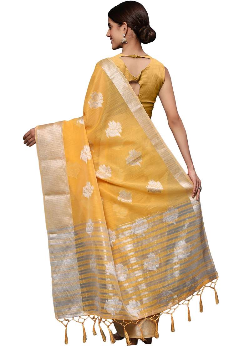 Mango Yellow Motif Silk Blend Saree Set - Indya
