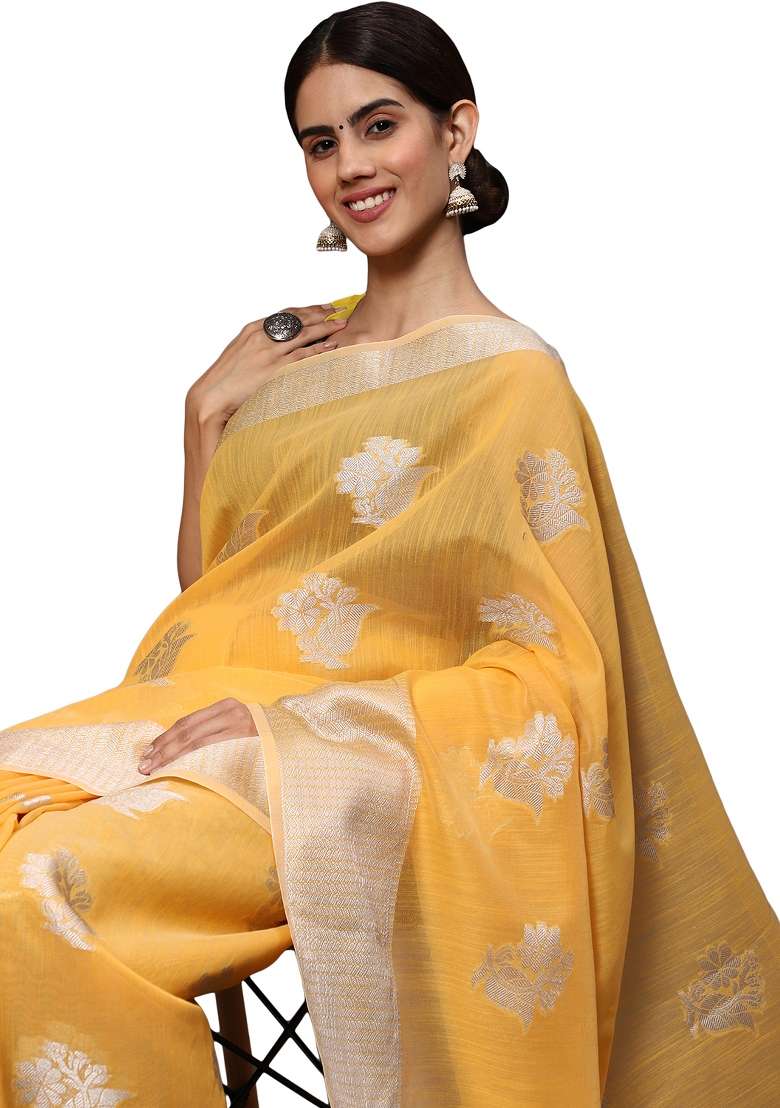 Mango Yellow Motif Silk Blend Saree Set - Indya