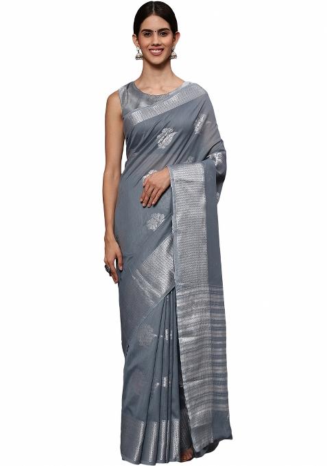 Grey Motif Silk Saree Set