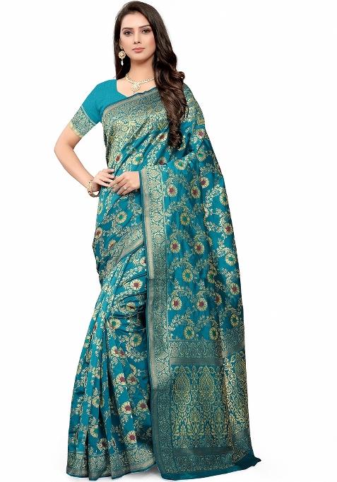 Turquise Blue Motif Silk Saree Set