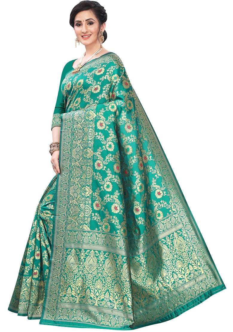 Ocean Green Motif Silk Blend Saree Set - Indya