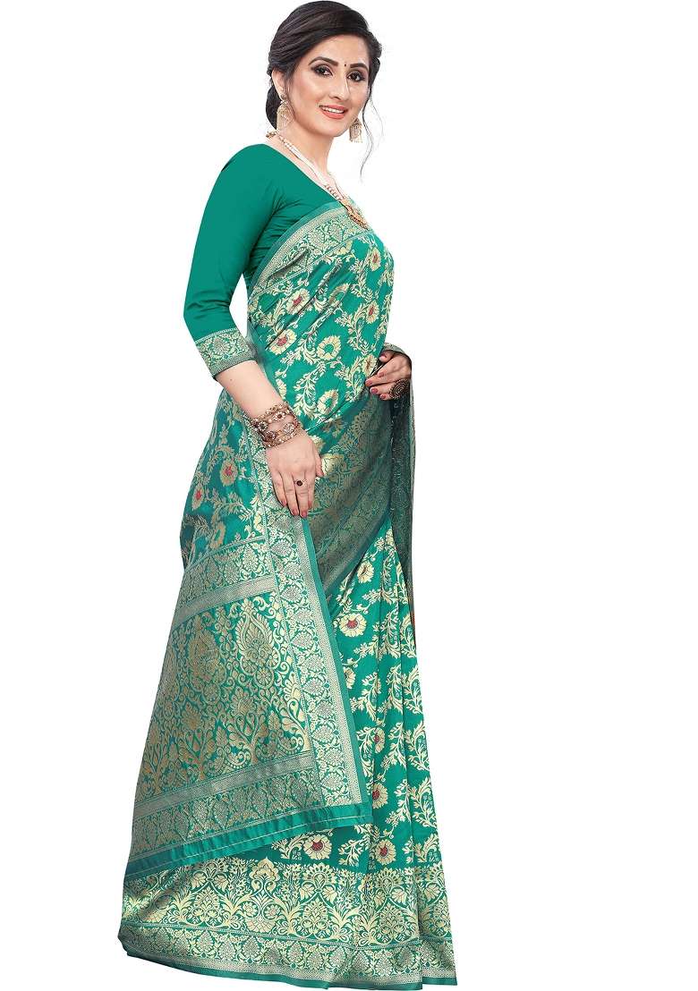 Ocean Green Motif Silk Blend Saree Set - Indya