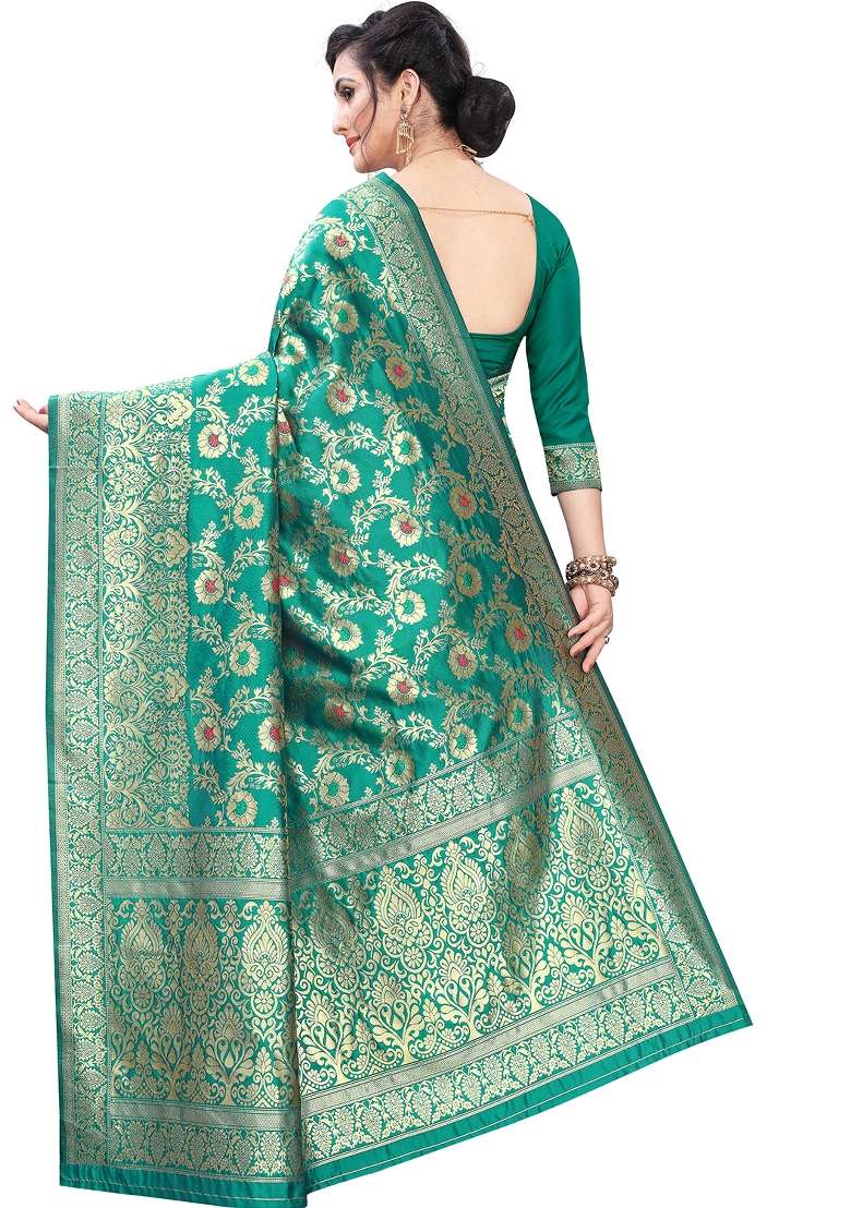 Ocean Green Motif Silk Blend Saree Set - Indya