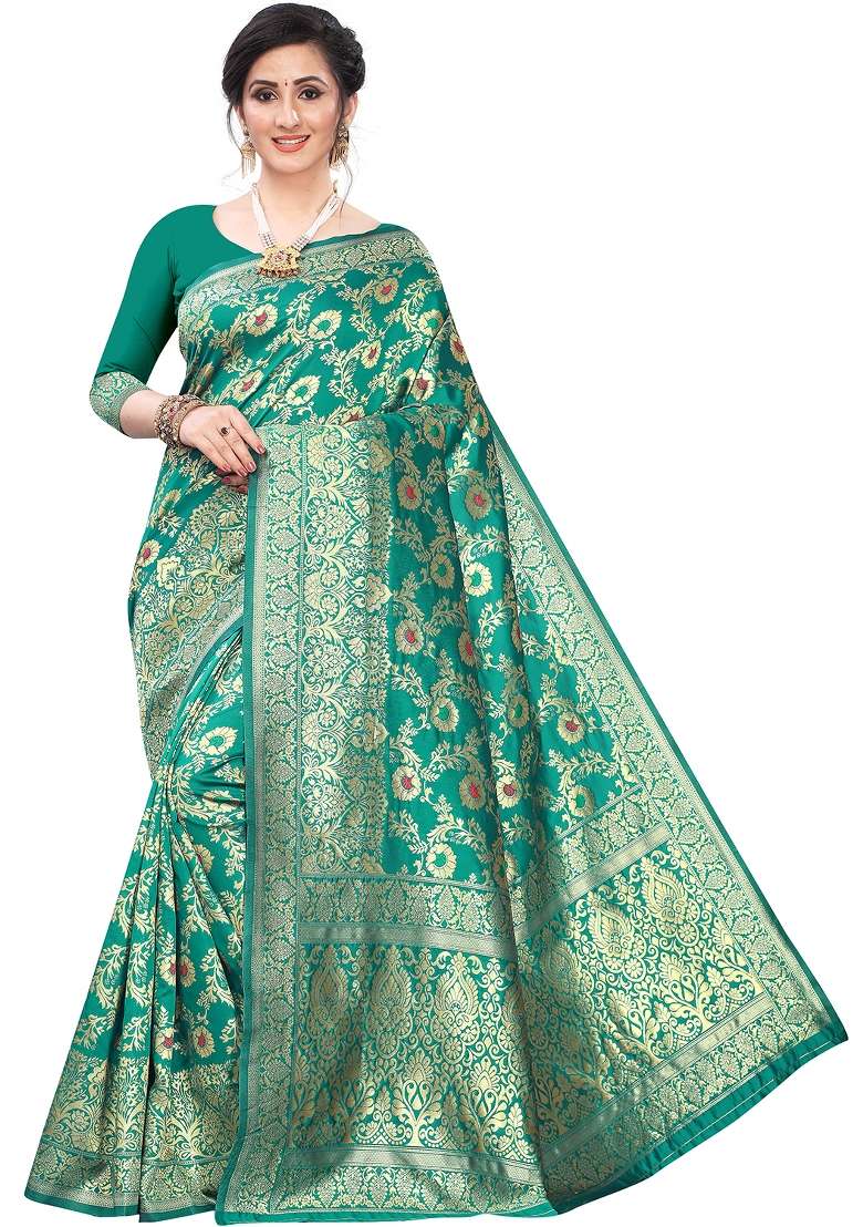 Ocean Green Motif Silk Blend Saree Set - Indya