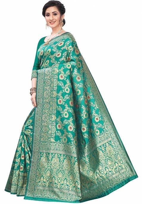 Ocean Green Motif Silk Saree Set