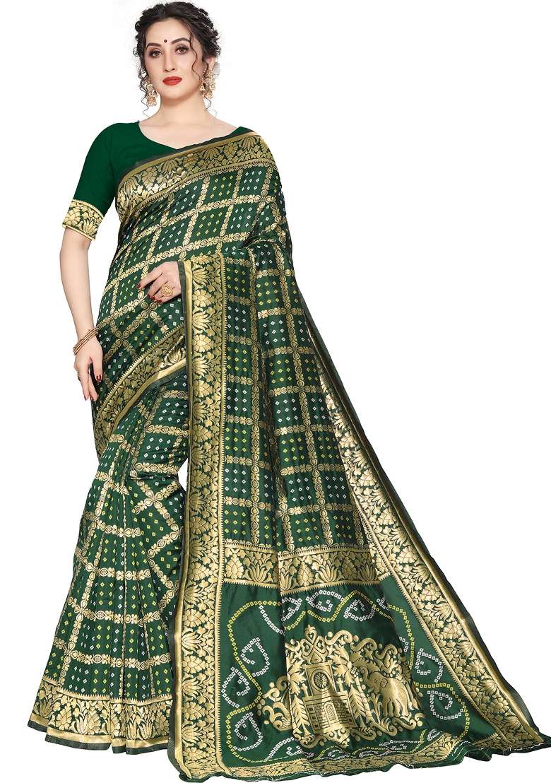 Green Motif Silk Blend Saree Set - Indya