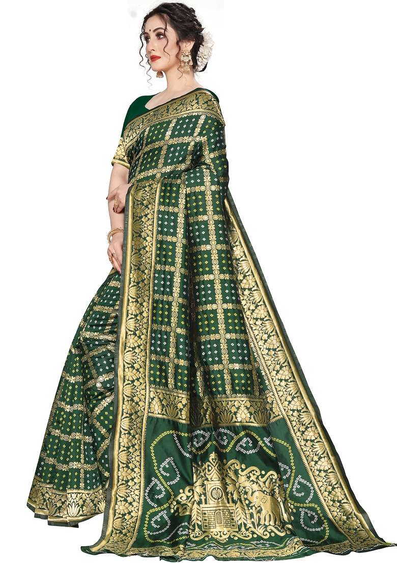 Green Motif Silk Blend Saree Set - Indya