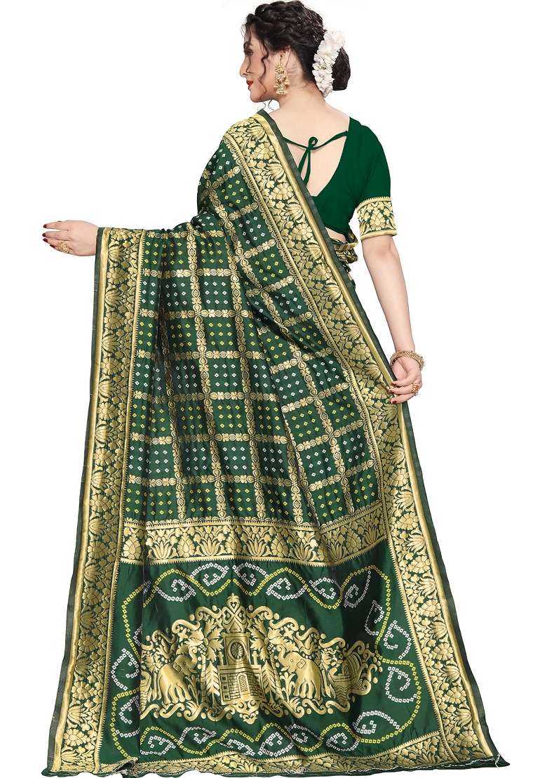 Green Motif Silk Blend Saree Set - Indya