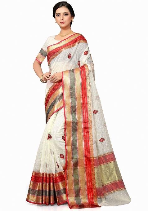 White Motif Silk Saree Set