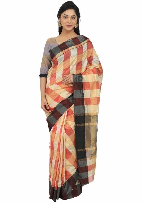 Brown Motif Silk Saree Set