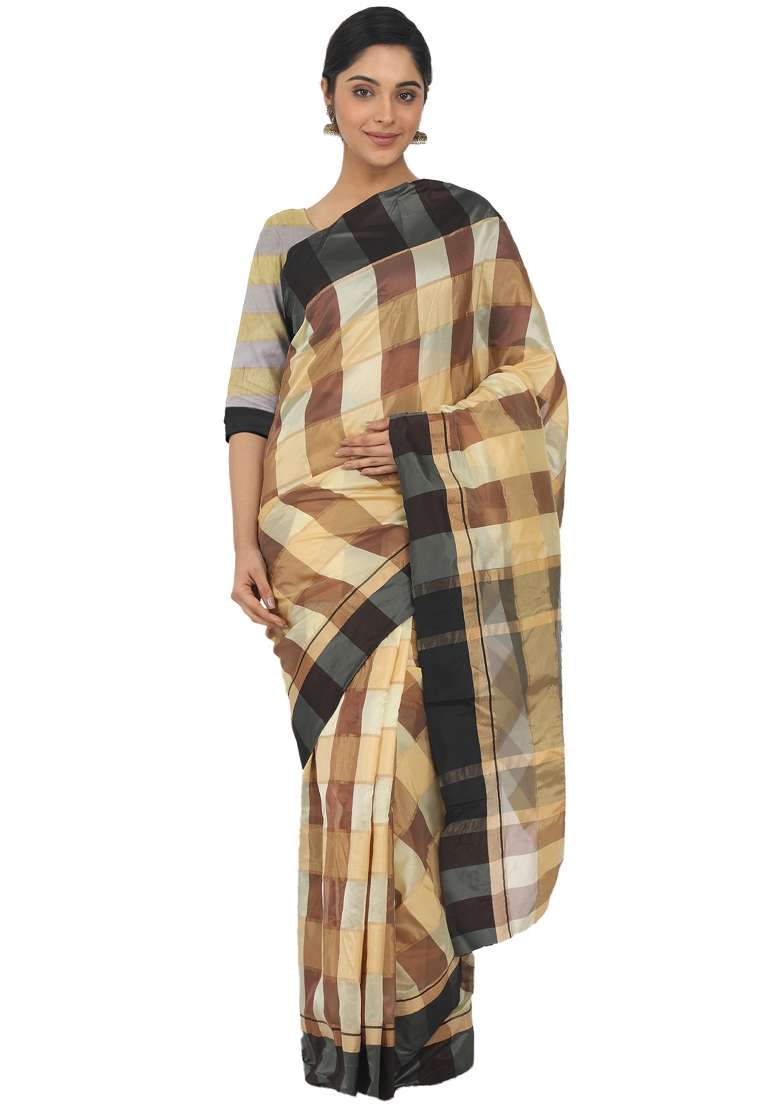 Yellow Motif Silk Blend Saree Set - Indya