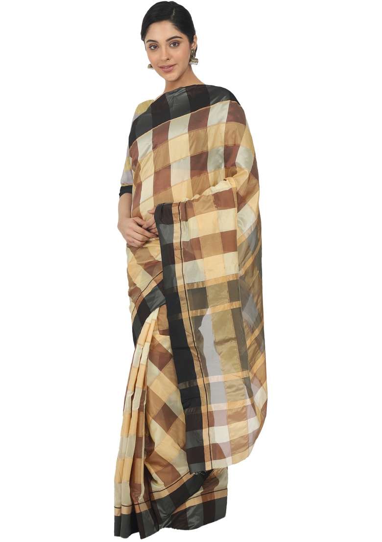 Yellow Motif Silk Blend Saree Set - Indya