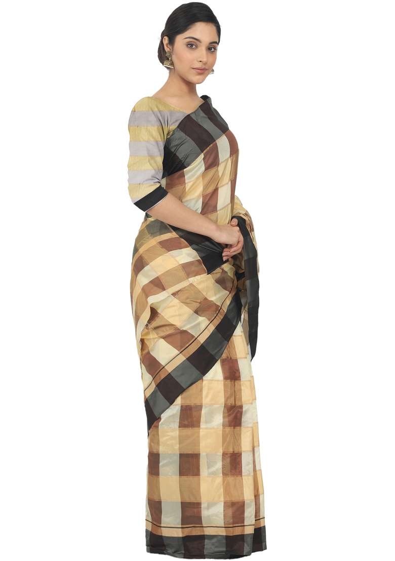Yellow Motif Silk Blend Saree Set - Indya