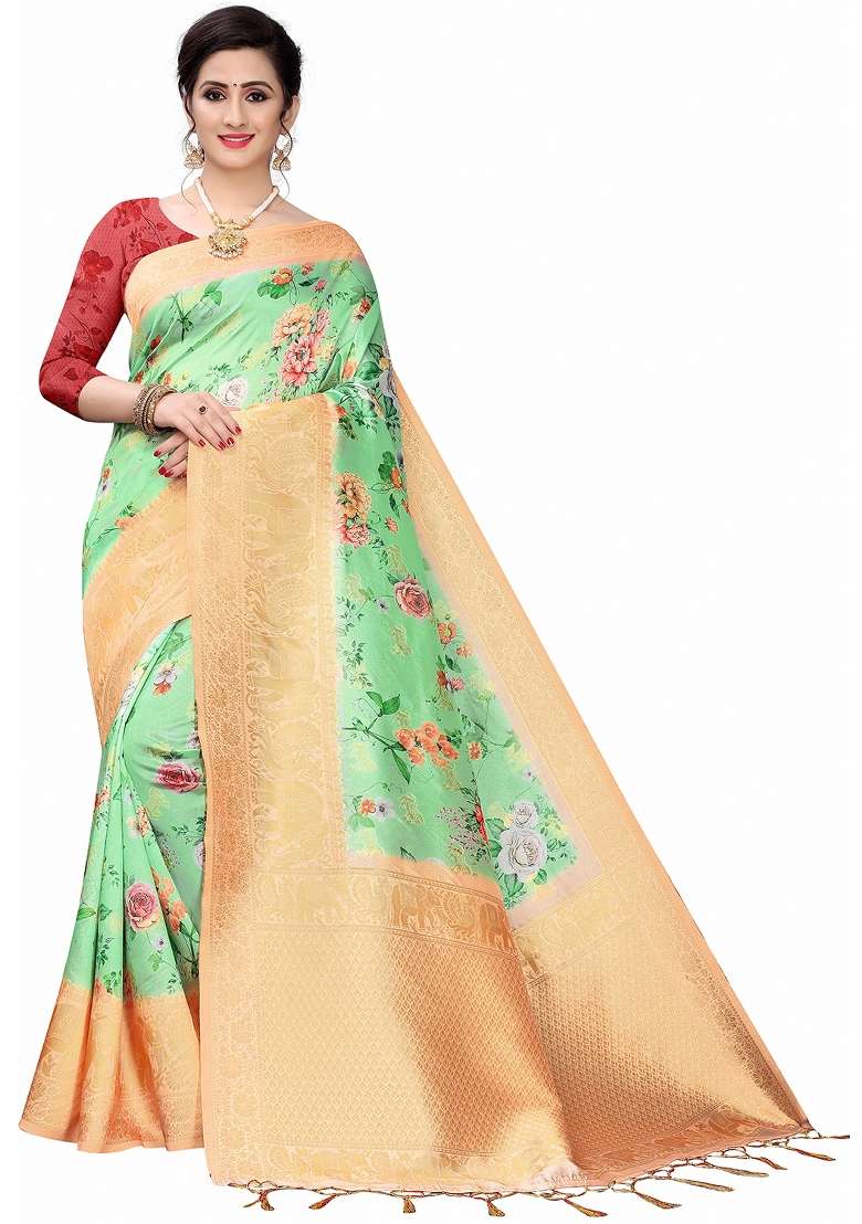 Green Motif Silk Blend Saree Set - Indya