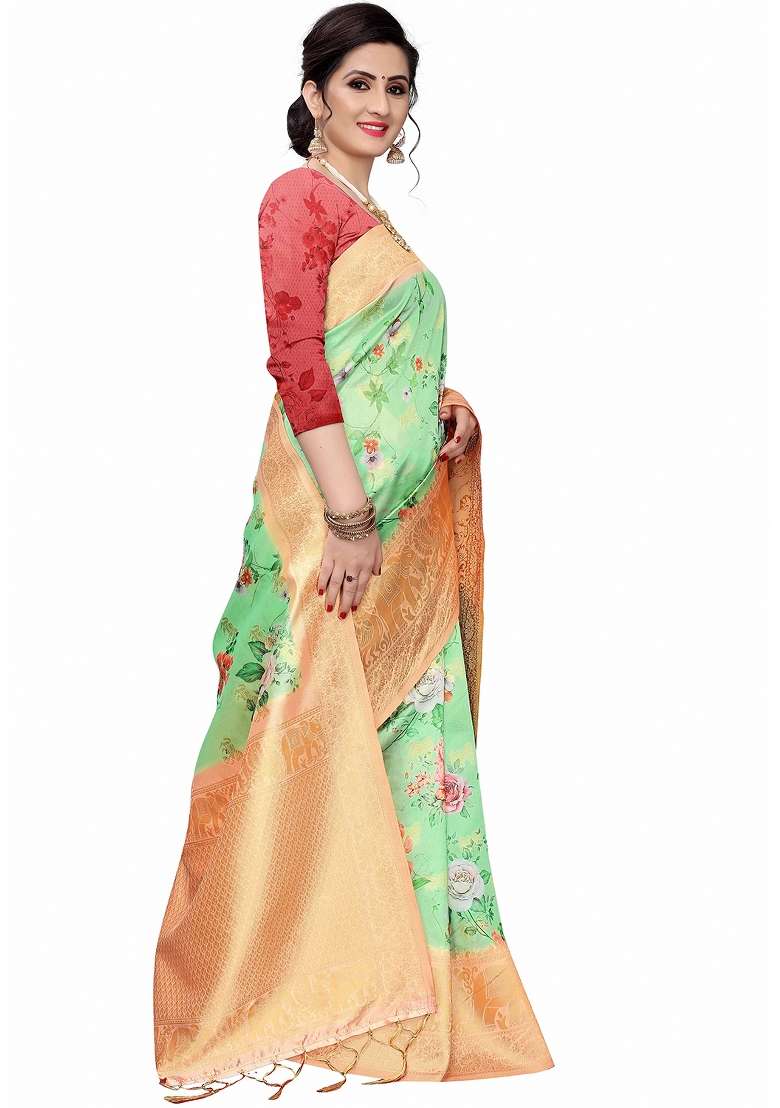Green Motif Silk Blend Saree Set - Indya