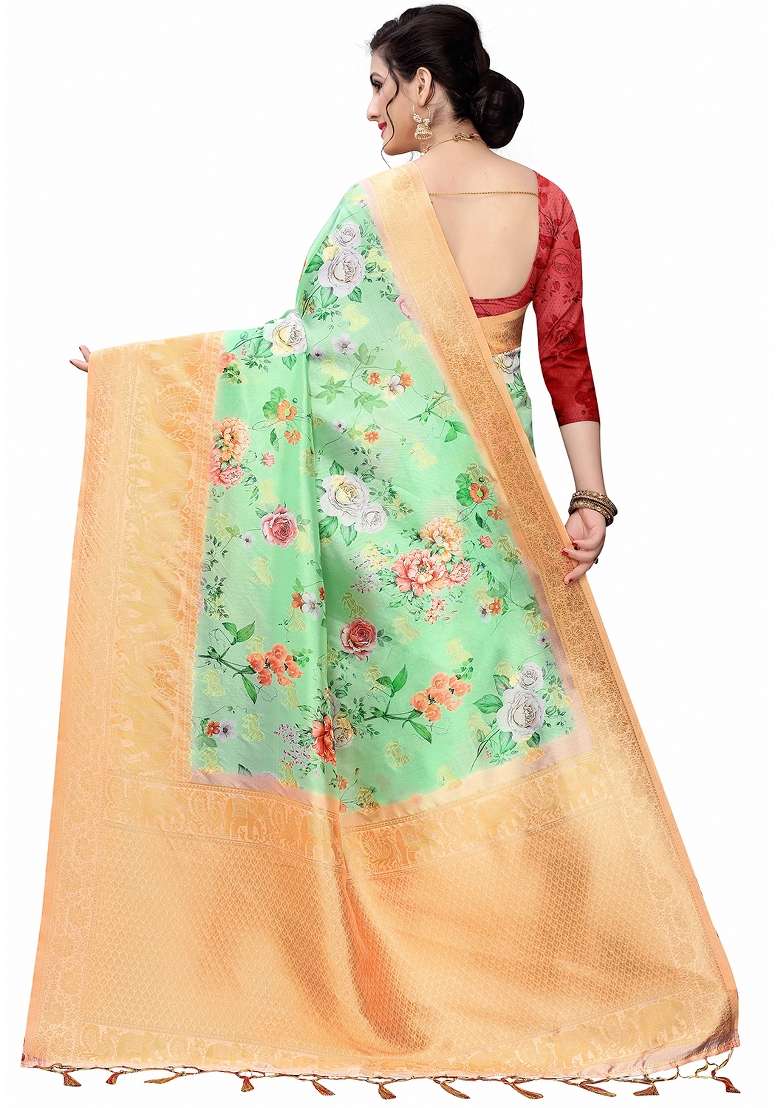 Green Motif Silk Blend Saree Set - Indya