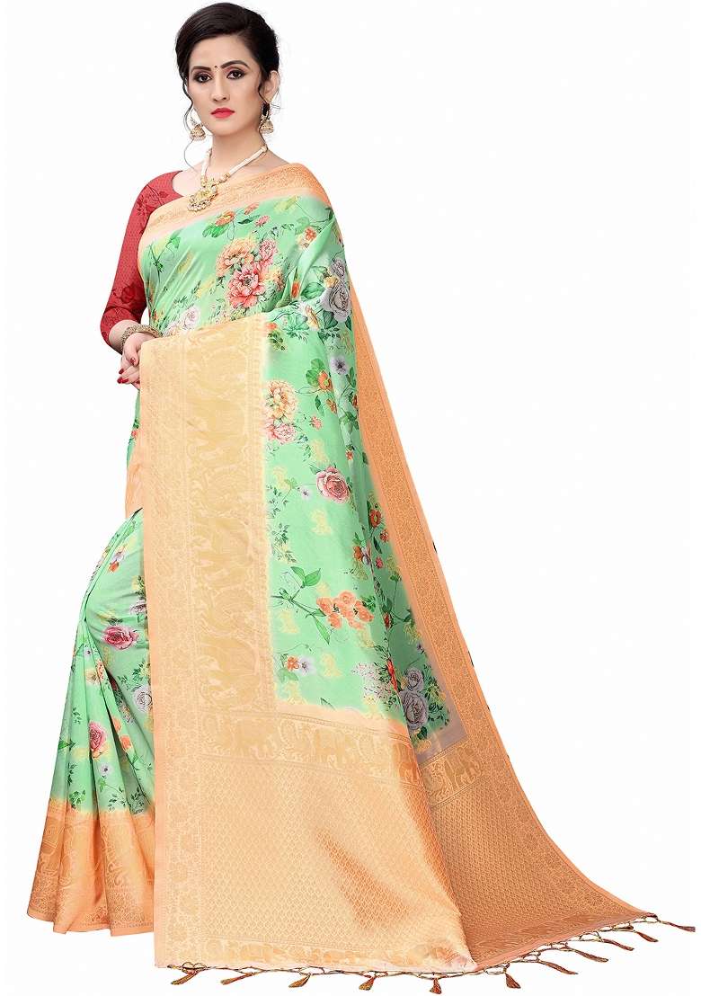 Green Motif Silk Blend Saree Set - Indya