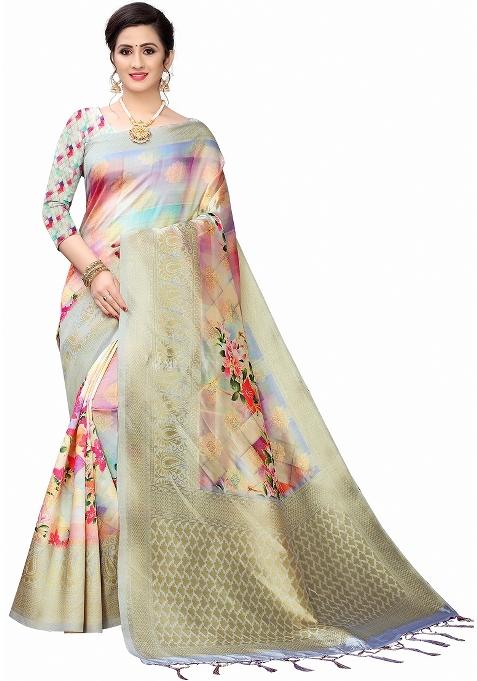 Multicolour Motif Silk Saree Set