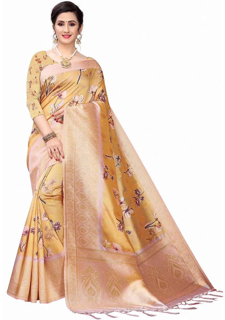 Mustard Yellow Motif Silk Blend Saree Set - Indya